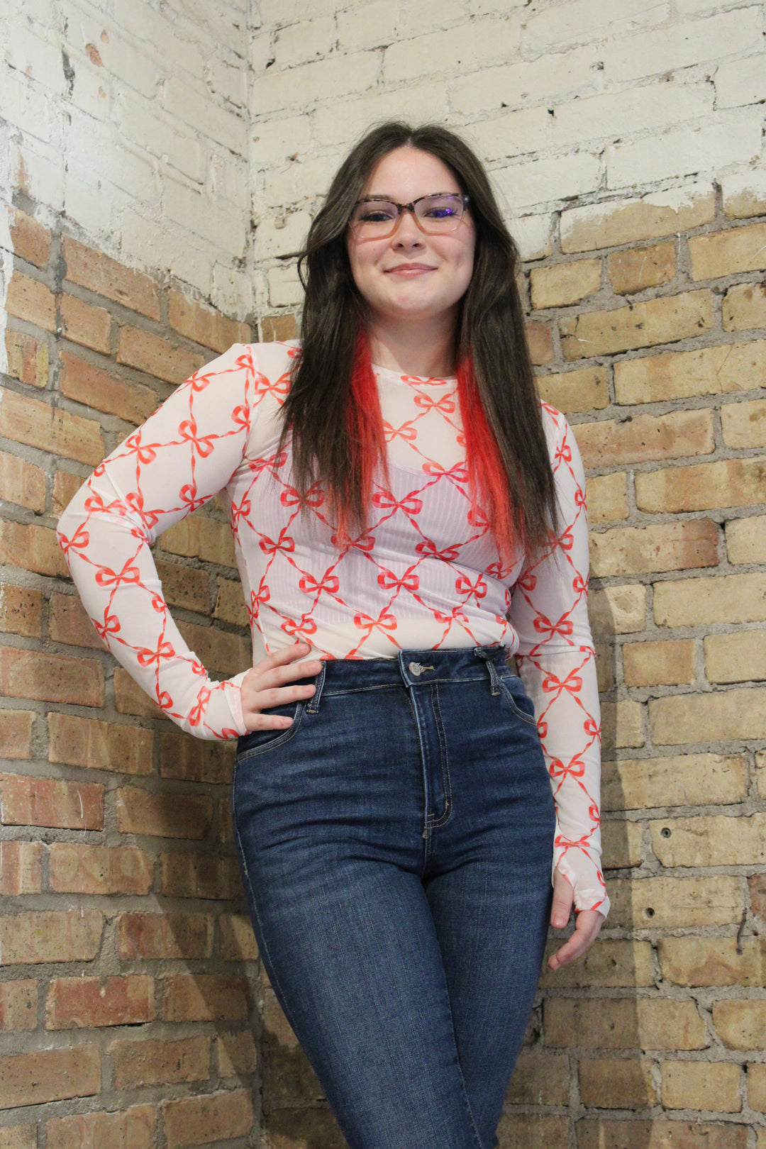 Bow Print Mesh Top