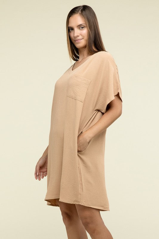 Woven Airflow V Neck T-Shirt Dress with Pockets