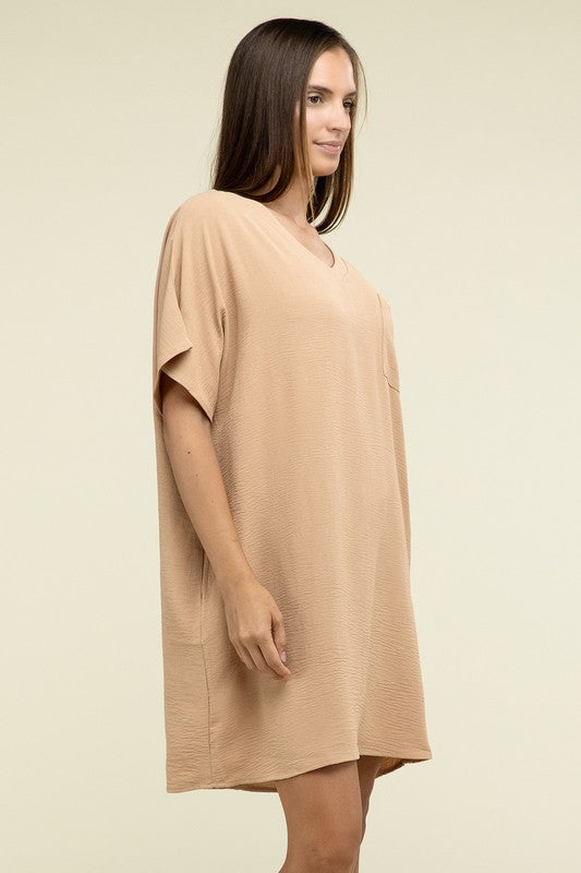 Woven Airflow V Neck T-Shirt Dress with Pockets