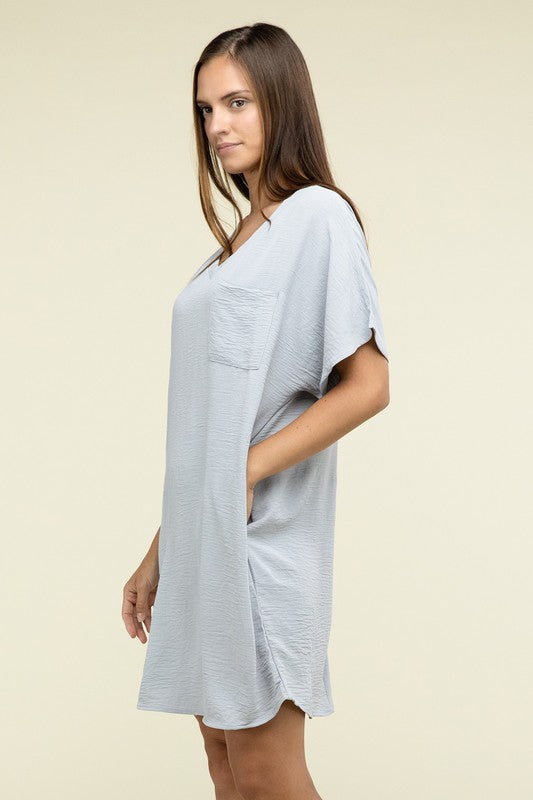 Woven Airflow V Neck T-Shirt Dress with Pockets